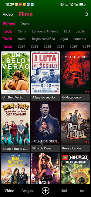 Screenshot of a movie selection screen with various film posters and a green header